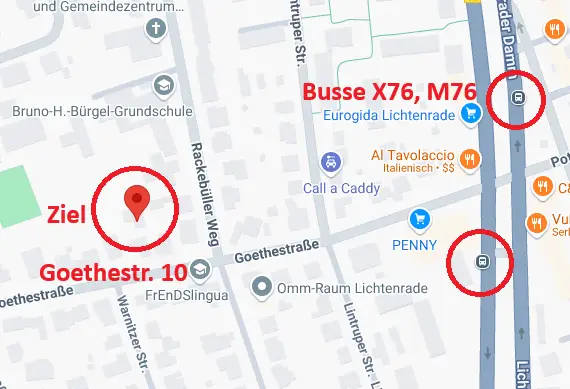 Anfahrt zur Praxis in der Goethestraße 10 in Berlin-Lichtenrade